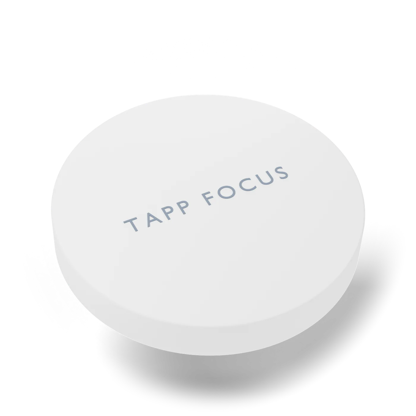Tapp Focus, bloqueador de apps para iPhone: um disco branco e fosco com o nome gravado no centro.